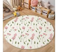 MIATCENRT Dipinti A Mano Tappeto Rotondo Salotto, Lavabile Stampa Tulipani Foglie Verdi Tappeti Grande per Sala, Soggiorno, Non Pelucchi, Antimacchia, Facile da Pulire, Riso, 160cm
