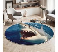 MIATCENRT Geografico Tappeto Rotondo Salotto, Lavabile Stampa Acqua Di Mare Grande Squalo Bianco Tappeti Grande per Sala, Soggiorno, Non Pelucchi, Antimacchia, Facile da Pulire, Blu scuro, 100cm