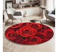 MIATCENRT Lavabile Tappeto Rotondo 120cm, Antiscivolo Rosso Tappeto a Cerchio, Salotto Cameretta Soggiorno Rosa Rossa Romanticismo Fiori Stampato Tappeti di Zona, Tappet Tavolino