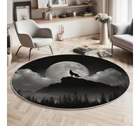 MIATCENRT Lavabile Tappeto Rotondo 160cm, Antiscivolo Nero Tappeto a Cerchio, Salotto Cameretta Soggiorno Ululato Lupo Luna Illustrazione Stampato Tappeti di Zona, Tappet Tavolino