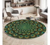 MIATCENRT Lavabile Tappeto Rotondo 80cm, Antiscivolo Verde scuro Tappeto a Cerchio, Salotto Cameretta Soggiorno Pavone Piume Caleidoscopio Arte Stampato Tappeti di Zona, Tappet Tavolino