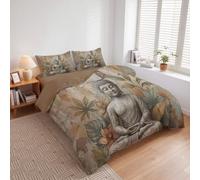 MIATCENRT Set Letto Matrimoniale 3 Pezzi Statua Da Giardino Marrone grigio | Copripiumino 200x200cm, 2 Federe 50×80cm, Zen Retrò, Tessuto Morbido, con Chiusura Lampo, Facile da Lavare