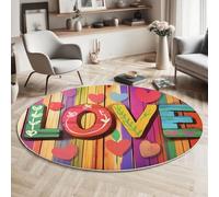 MIATCENRT Tappeto Rotondo da Salotto 120cm, Morbido Antiscivolo, Graffiti Arte Tavola Di Legno Cuore D'Amore Lavabile in Lavatrice Facile da Pulire Tappeti per Camera da Letto e Divano, Colorato