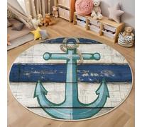 MIATCENRT Tappeto Rotondo da Salotto 120cm, Morbido Antiscivolo, Nautico Righe Tema Ancora Lavabile in Lavatrice Facile da Pulire Tappeti per Camera da Letto e Divano, Blu
