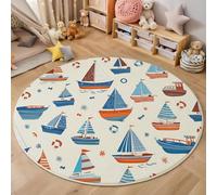 MIATCENRT Tappeto Rotondo da Salotto 80cm, Morbido Antiscivolo, Tema Nautico Barca A Vela Nave Lavabile in Lavatrice Facile da Pulire Tappeti per Camera da Letto e Divano, Blu-Arancione