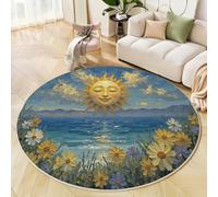 MIATCENRT Tappeto Rotondo Dipinto Olio Paesaggio per Bambini a Pelo Corto, Antiscivolo Facile da Pulire Non Stinge, Motivo a Raffigurante Sole L'Oceano, Tappeti Per Interno Camera Dei Bambini 160cm