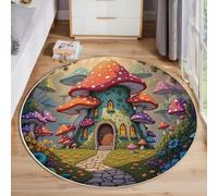 MIATCENRT Tappeto Rotondo Foresta Delle Fiabe per Bambini a Pelo Corto, Antiscivolo Facile da Pulire Non Stinge, Motivo a Sentiero Della Casa Dei Funghi, Tappeti Per Interno Camera Dei Bambini 180cm