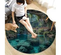MIATCENRT Tappeto Rotondo per Bambini, Morbido Grotte Cascate Natura Tropicale Antiscivolo Grande Tappetino da Gioco, per Cameretta dei Bambini in Finta Cashmere, (Ciano, 160cm)