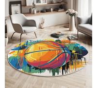 MIATCENRT Tappeto Salotto Rotondo Pelo Corto Antiscivolo, Stile Scarabocchio Tappeti Pallacanestro Illustrazione Grande per Decorativo Soggiorno Camera da Letto Cucina, Diametro 160cm, Arancione Blu