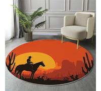 MIATCENRT Western Tappeto Rotondo Salotto, Lavabile Stampa Cowboy Equitazione Tappeti Grande per Sala, Soggiorno, Non Pelucchi, Antimacchia, Facile da Pulire, Arancione colorato, 100cm