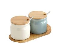 MIATTCLD Set di 2 barattoli per spezie in ceramica, con coperchio in bambù, cucchiai e vassoio, 300 ml, per sale e spezie (8 x 8 cm)