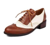 MiaZane Brogues Bicolore da Donna Oxford Color Block Tacco Spesso 3cm per Ufficio e Uso Quotidiano Punta Tonda Allacciatura,Marrone,40 EU