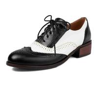 MiaZane Brogues Bicolore da Donna Oxford Color Block Tacco Spesso 3cm per Ufficio e Uso Quotidiano Punta Tonda Allacciatura,Black White,38 EU