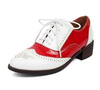 MiaZane Brogues Bicolore da Donna Oxford Color Block Tacco Spesso 3cm per Ufficio e Uso Quotidiano Punta Tonda Allacciatura,Rosso,36 EU