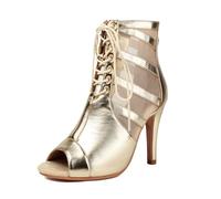 MiaZane Donne Peep Toe Stivali alla Caviglia Metallico Allacciatura Tacco Stiletto Gabbia Taglio con Zip Posteriore per Feste Sera,Gold (7cm),41 EU