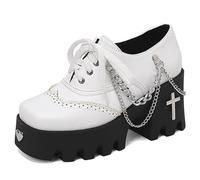MiaZane Oxford con Piattaforma da Donna Tacco Largo Design a Blocchi di Colore Chiusura con Lacci Suola Spessa scolpita Stile Gotico Punk Stivaletti con Tacco,Bianca,42 EU