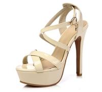 MiaZane Sandali con Piattaforma Stiletto Donna in Pelle Verniciata Punta Aperta con Cinturini Incrociati Tacco Alto Sandali Eleganti Tacchi da Festa di Moda per Serata Fuori,Beige,47 EU