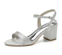 MiaZane Sandali con Tacco A Blocco in Raso Donna Punta Aperta Cinturino alla Caviglia Tacchi Eleganti Scarpe Eleganti per Festa Serale Ed Eventi Cocktail Texture Liscia,Argento,37 EU