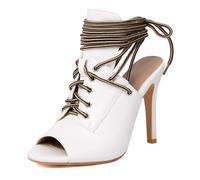 MiaZane Sandali con Tacco a Spillo in Denim con Lacci Punta Aperta 10.5cm Stivaletti alla Caviglia Outfit da Festival Stivaletti col Tacco Alto per Concerto Estivo e Vacanza,Bianca,48 EU