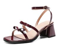 MiaZane Sandali Donna Punta Aperta Cinturino alla Caviglia Tacco A Blocco Spesso Fiocco Punta Quadrata Sandali da Sposa Scarpette da Sera per Matrimonio & Ricevimento Serale,Burgundy,34 EU