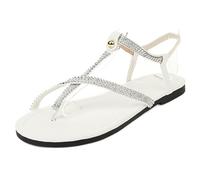 MiaZane Sandali Gladiatori con Fascia a T Strass Donna Flat Punta Aperta Scarpe Romane Scarpe da Passeggio Estive Casual per Spiaggia e Pendolarismo Quotidiano Solette,Bianca,38 EU