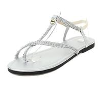 MiaZane Sandali Gladiatori con Fascia a T Strass Donna Flat Punta Aperta Scarpe Romane Scarpe da Passeggio Estive Casual per Spiaggia e Pendolarismo Quotidiano Solette,Argento,40 EU