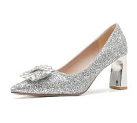 MiaZane Scarpe da Sposa Donna Glitter a Punta Tacco Largo per Matrimonio e Ricevimento Décolleté con Fibbia di Cristallo Scarpe Eleganti,Argento,40 EU