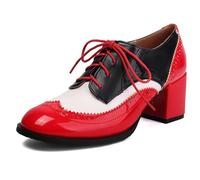 MiaZane Scarpe Oxford Brogue Classiche Donna, Pelle PU Marrone, Tacco Largo, con Lacci e Punta Alette Traforata per Ufficio, Quotidiano e Casual,Rosso,45 EU