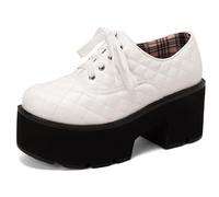 MiaZane Scarpe Oxford con Plateau in PU Trapuntato da Donna Punta Tonda Lacci Tacco Largo Interno a Quadri Stile Gotico Punk Casual Scarpe Uniformi Scolastiche,Bianca,40 EU