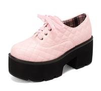 MiaZane Scarpe Oxford con Plateau in PU Trapuntato da Donna Punta Tonda Lacci Tacco Largo Interno a Quadri Stile Gotico Punk Casual Scarpe Uniformi Scolastiche,Rosa,37 EU