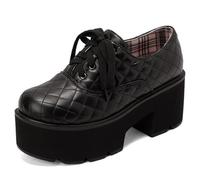 MiaZane Scarpe Oxford con Plateau in PU Trapuntato da Donna Punta Tonda Lacci Tacco Largo Interno a Quadri Stile Gotico Punk Casual Scarpe Uniformi Scolastiche,Nero,42 EU