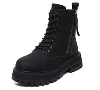 MiaZane Stivali Combat retrò in Pelle da Donna Tacco Spesso Platform Punta Rotonda con Lacci E Cerniera Laterale Stivali A metà Polpaccio Corti Altezza Nascosta,Black4cm,41 EU