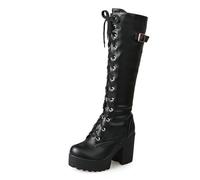 MiaZane Stivali da Combattimento Gotici Donna al Ginocchio Plateau Pelle Ecologica Design con Lacci Tacco Basso Massiccio Suola Battistrada Occhielli Metallici Dettaglio Fibbia,Nero,41 EU