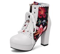 MiaZane Stivali da Donna con pianta Floreale, Stivaletti alla Caviglia con Lacci e Design Ricamato, Tacco Alto, Stivali Alti per Feste e Serate Fuori, Taglie Larghe,Nero,37 EU