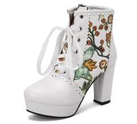 MiaZane Stivali da Donna con pianta Floreale, Stivaletti alla Caviglia con Lacci e Design Ricamato, Tacco Alto, Stivali Alti per Feste e Serate Fuori, Taglie Larghe,Verde,36 EU