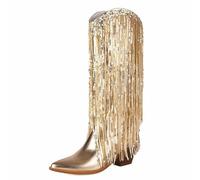 MiaZane Stivali Metallizzati con Frange Paillettes al Ginocchio Stile Western Punta A Punta Moda Festa Festival Notte Club Danza Spettacolo Costume Outfit,d'oro,45 EU