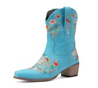 MiaZane Women's Stivali Western in Pelle Ricamo Floreale Altezza metà Polpaccio Tacco A Strati Cuciture Multicolori per Rodeo Concerti Country E Uso Quotidiano,Blu,43 EU