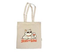 MIBO Tote Bag in Cotone Biologico 100% - 220 g/m² Born to wine Cat - Borsa Shopper Resistente con Tracolla Lunga - Stampata a Roma - Design Originale - 38×42 cm