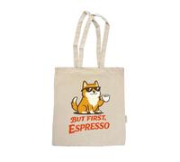 MIBO Tote Bag in Cotone Biologico 100% - 220 g/m² But first espresso Dog - Borsa Shopper Resistente con Tracolla Lunga - Stampata a Roma - Design Originale - 38×42 cm