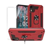 MIBZOR Cover Compatibile con Nokia C12 / Nokia C12 Plus / Nokia C12 Pro (6.3") , 1 Rosso Case e 1 Pezzi Vetro Temperato Pellicola Protettiva , PC + TPU Custodia Antiurto con Staffa Ruotabile a 360°