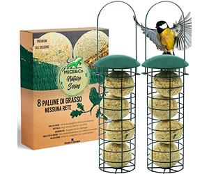 Mice&Co Mangiatoia per Uccelli da Esterno con Palle di Grasso - Casetta per Uccellini Giardino con Sfere di Lardo I Pack 2 Mangiatoie per Volatili e 16 Palline di Cibo