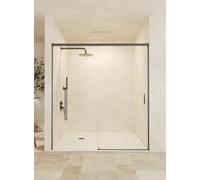 Mice - Schermo da bagno frontale / 1 pannello fisso + 1 porta scorrevole/box da bagno/box doccia/divisorio scorrevole con profileria in alluminio colore nero gun metallo/misura 150 x 195 cm