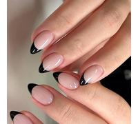 MICFENY 24 unghie finte a mandorla corte con punta francese, colore nero, in acrilico, semplici, copertura completa, unghie adesive