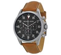 Michael Kors Color Argento, pelle Marrone Fascia, Quadrante Nero, Cronografo