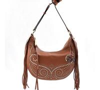 MICHAEL KORS RHEA Borsa A Tracolla In Pelle Marrone Con Borchie Dorate E Frange