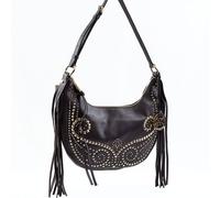 MICHAEL KORS RHEA In Pelle Marrone Scuro, Borchie Dorate, Frange, Sacca A Spalla