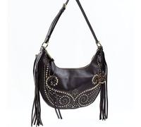 MICHAEL KORS RHEA In Pelle Marrone Scuro, Borchie Dorate, Frange, Sacca A Spalla