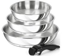 MICHELANGELO Set di padelle in acciaio inox con manico rimovibile, base tripla, compatibile con induzione, 20,3 cm, 24,1 cm e 28 cm