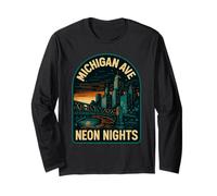 Michigan Ave Nights, Camicia retrò Skyline Città Notte Maglia a Manica
