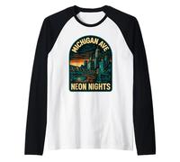 Michigan Ave Nights, Camicia retrò Skyline Città Notte Maglia con Maniche Raglan